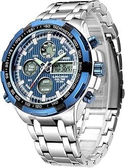 GOLDEN HOUR Luxury Stainless Steel Analog Digital Watches for Men Male Outdoor Sport Waterproof Big Heavy Wristwatch