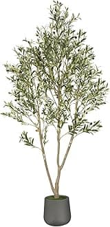 Artificial Olive Tree, 7FT Tall Faux Olive Tree with Gray Planter, Artificial Plants with Natural Wood Trunk and Lifelike Fruits for Home Office Decor