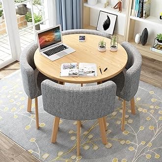 Round Kitchen Dining Table Set for 4, Space Saving Table and Chairs Set with Thick Tabletop 4 Upholstered Chairs, Dinning Room Modern Casual Coffee Table Set(D 31.5inch/80cm, Light grayA)