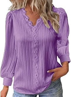 GenericLong Sleeve Shirts for Women 2024 V Neck Lace Tops Business Casual Dressy Blouses Work Oversized Shirts Fall Clothes