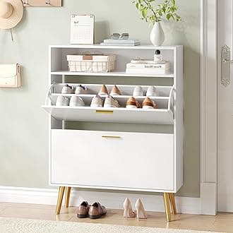Shoe Cabinet for Entryway, White Shoe Storage Cabinet with 2 Flip Doors and Shelf, Narrow Hidden Shoe Cabinet for Entryway Slim, Freestanding Shoe Rack Cabinet, White