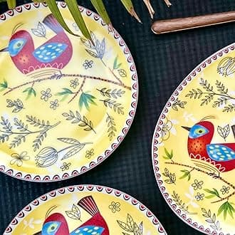 GOLDEN QUEEN'S Snack Plates Set of 4 | Perfect for Snacks, Desserts, Appetizers, Salads, Tapas, Cheese | 7 inches Wide | Microwave Safe (Yellow Bird Snack Plates)