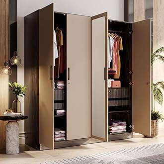 Wakefit Wardrobe | 1 Year Warranty | Engineered Wood Almirah, Cupboard for Clothes Storage | 4 Door, Mirror, 4 Shelves, 2 Drawers, 2 Trays, 2 Hanging Space | Cashmere Plus - Wyoming Maple-Frappe