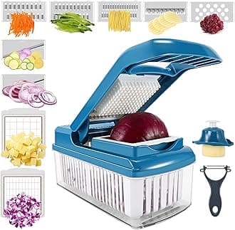 Vegetable Onion Slicer Chopper, GOMYHOM Kitchen Gadget for Diced Onion Rings, Potato Carrot Strips, Zucchini Slices, Salad Press Cutter with Protector Peeler Drain Basket Container