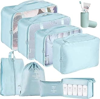 Polypropylene 9 Pcs Packing Cubes, Travel Luggage Organizer For Men And Women, Toiletry Bag, Packing Cubes For Travel With Tooth Brush Holder- Set Of 9- Sky Blue