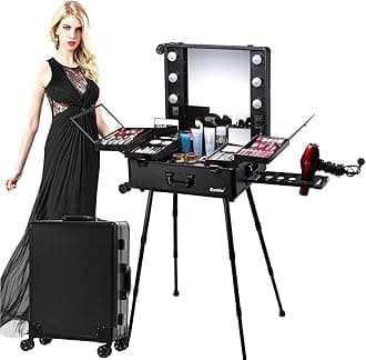 Kemier Makeup Case,Professional Artist Studio Cosmetic Train Table w/4 Rolling Wheels & Lights & Mirror,Pro Makeup Station,Cover Board and Easy Clean Extendable Trays,Adjustable Legs,Sturdy (Black)