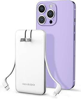 miisso Ultra Slim 10000mAh Power Bank Built-in Cables and Foldable AC Wall Plug, Pocket Size USB C Portable Charger, External Battery Pack Compatible with iPhone Samsung, White