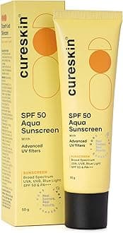 - Cureskin SPF 50 Aqua Sunscreen with Advanced UV Filters | Broad Spectrum Sun, UVA, UVB, Blue Light Protection, SPF 50 & PA+++, 50 g (Pack of 1)