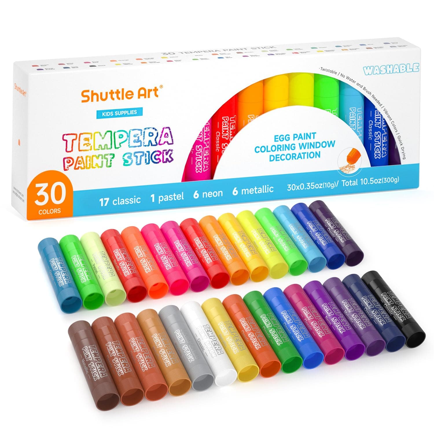 Shuttle Art Tempera Paint Sticks - 30 Solid Colours - Quick Drying - Works Great on Paper, Wood, Glass, Ceramic, Canvas
