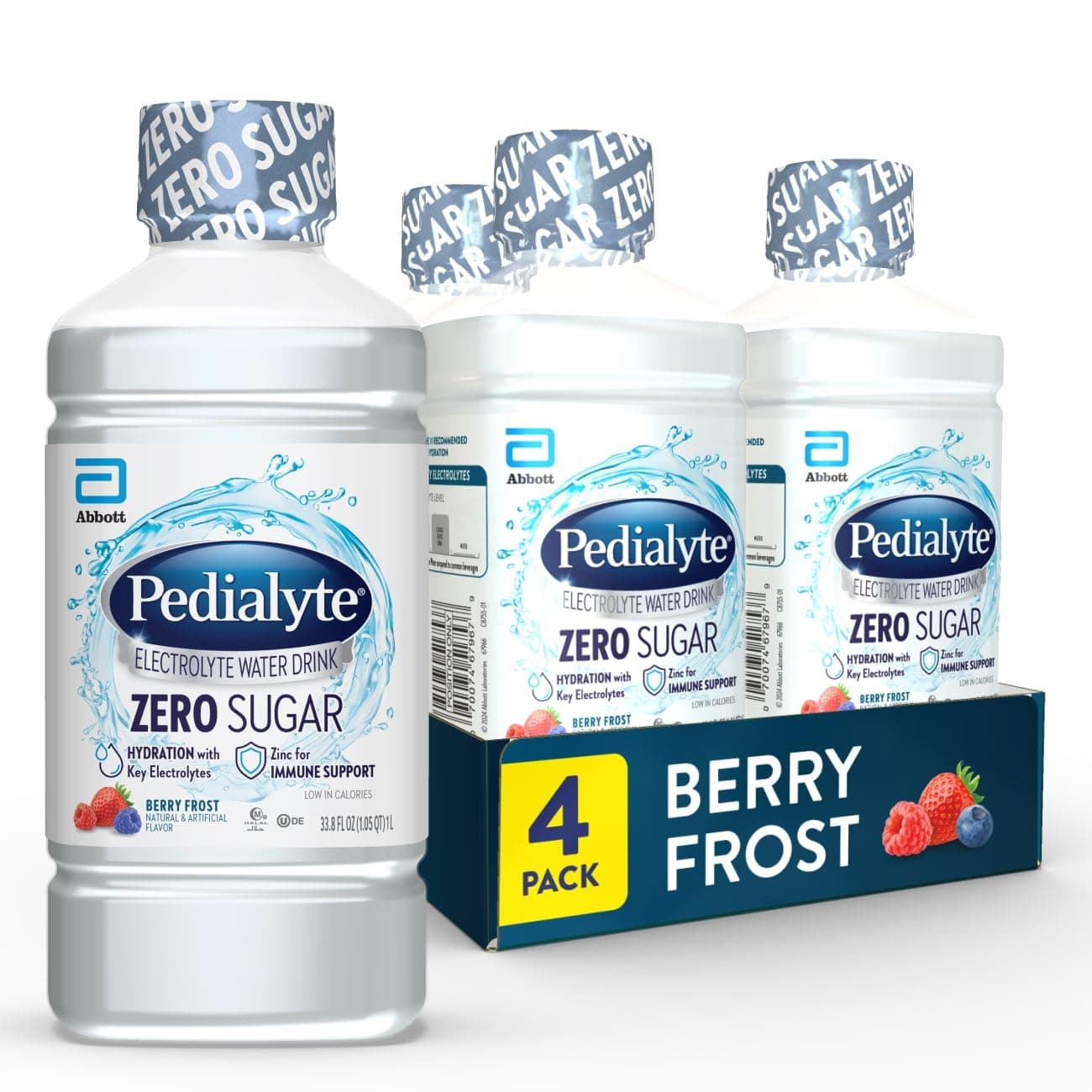 Pedialyte Electrolyte Water with Zero Sugar | Hydration with Key Electrolytes | Low in Calories | Berry Frost, 1 Liter, Pack of 4