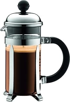 12oz Chambord French Press Coffee Maker, High-Heat Borosilicate Glass, Polished Stainless Steel – Made in Portugal