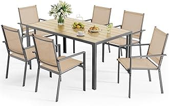 Ahomly Patio Table and Chairs Set for 6, Outdoor Dining Set Includes 59.5" Rectangle Patio Table with Side Umbrella Hole and 6 Textilene Fabric Patio Chairs for Backyard, Courtyard, Poolside, Brown