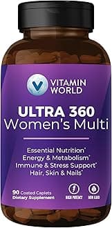 Vitamin World Ultra 360 Multivitamin for Women, Women's Multivitamin with Herbs & Collagen for Hair, Skin & Nails, Supplement with Iron, Vitamin A, B, C, D, E for Energy & Immune Support, 90 Caplets