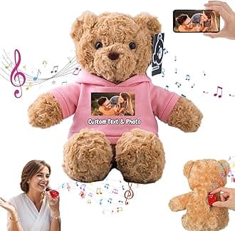 Personalised Teddy Bear with Voice Recording for Kids Adults, Personalised Gifts Bear with Bow Plush Toys with Text+Photo as Customised Gift for Valentines Christmas (13 inch-Text+Photo)