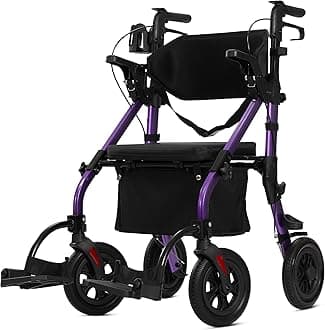All Terrain Rollator Walker Transport Wheelchair Combo, 2 in 1 Rolling Walker with Padded Seat and Wide Backrest, Purple