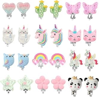 PinkSheep Clip On Earrings for Girls - 12 Pairs Unicorn, Ladybug, Rainbow & Princess Designs for Over 16 Years Old Girl Gift