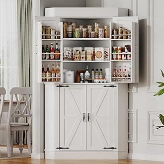 Corner Cabinet,Kitchen Pantry Storage Cabinet,Freestanding Buffet Hutch with 4 Doors and Shelves,Tall Food Pantry Farmhouse Furniture with Side Rack for Kitchen Dining Room (White)