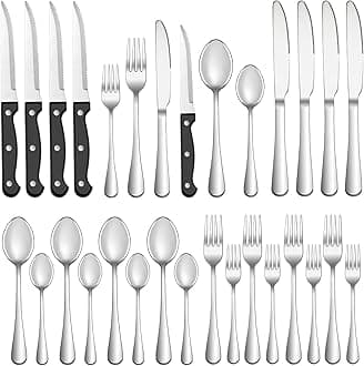 36 Pcs Silverware Set with Steak Knives Service for 6,Stainless Steel Flatware Set,Mirror Polished Cutlery Utensil Sets,Home Kitchen Eating Tableware Sets,Include Fork Knife Spoon,Dishwasher Safe