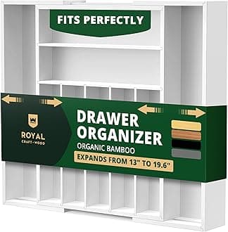 Bamboo Kitchen Drawer Organizer - Expandable Silverware Organizer/Utensil Holder and Cutlery Tray with Grooved Drawer Dividers for Flatware and Kitchen Utensils (9 Slots, White)