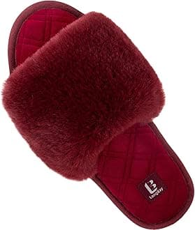 LongBay Women's Fuzzy Faux Fur Memory Foam Cozy Flat Spa Slide Slippers Comfy Open Toe Slip On House Shoes Sandals