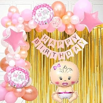 Party town Baby girl theme decoration combo for boys and girls theme birthday party with Metallic balloons | Baby girl foil balloons | Star foil | Balloon arc | Glue dots - (Pack of 70) (Baby Girl)