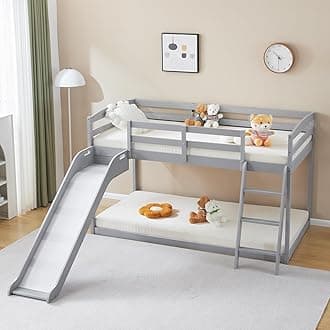 JOYMOR Bunk Bed with Curved Slide, Low Bunk Bed Twin Over Twin with Slide and Angled Ladder, Solid Pine Wood Frame,14" Safety Guardrail, Anti-Slip Steps, Gray
