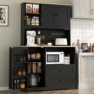 Kitchen Pantry Storage Cabinet,Freestanding Buffet Cabinet with Wine Glass Holder and 2 drawers,Food Pantry with Doors and Shelves,Tall Kitchen Hutch with Microwave Stand for Kitchens (Black)