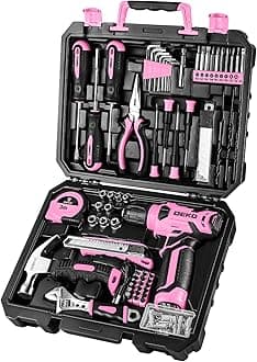 DEKOPRO Drill Set, Home Tool Set with 8V Pink Cordless Drill, Hand Tool Kit for Women, 126 pcs