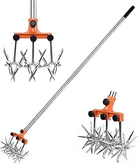 Rotary Cultivator Garden Rotary Tiller Adjustable Stainless Steel Poles Hand Tiller for Soil Mixing or Reseeding Grass Lawn Tiller Total Length 57 Inch