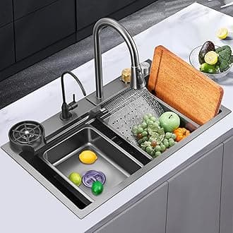 Hardstone 304 Grade Multifunction Kitchen Sink 30 x 18 x 10 Inch with Anti-Scratch Honeycomb Design, Built-in Waterfall and Pull Out Faucet Set, Stainless Steel Sink with