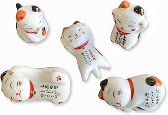 Ceramic Cute Lucky Cat Chopsticks Rest Dinner Spoon Stand Knife Fork Holder (Set of 5pcs)