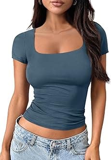 Trendy Queen Double Lined Short Sleeve Tshirts for Women Square Neck Cute Crop Top Spring Summer Basic Tees Workout Going Out