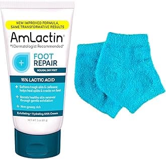Foot Repair Cream with Moisturizing Socks, Therapeutic Foot Cream for Dry Cracked Heels and Feet, No-Scrub Exfoliator & Moisturizer with 15% Lactic Acid AHA, 3 oz (Packaging May Vary)