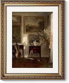 ARPEOTCY Vintage Gold Framed Wall Art, Still Life Interior Cello Landscape Paintings Victorian Farmhouse Wall Decor for Living Room Bedroom Bathroom Canvas Prints Antique Picture Frame 13x16 inch