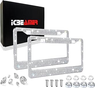 ICBEAMER Handcrafted Rhinestone White Crystal Diamond Premium Stainless Steel Weatherproof Bling Bling License Plate Frame great gift for Women [Pack of 2 pcs]