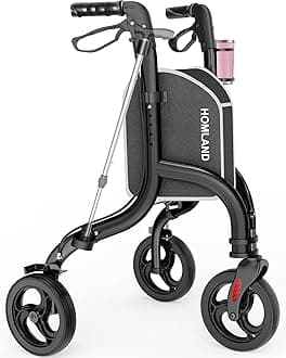 HOMLAND 3 Wheel Walkers for Seniors, FSA/HSA Eligible Foldable Wheeled Rollator with Cane Hold and Cup Hold, Lightweight Three Wheel Rolling Walker Height Adjustable for Seniors