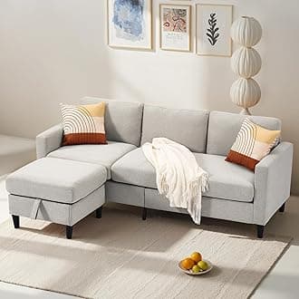 76.7” L Shape Couches for Living Room Small Apartment, 3 Seater Couch Modular Sectional Sofa with Storage Ottoman, Convertible L-Shaped Grey Couches for Living Room (Light Gray, 76.7"-L Shape)