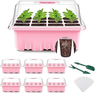 YAUNGEL Seed Trays, 6 Pack 72 Cells Propagator Growing Thicken Seedling Starter Growing Trays with Clear Lids/Adjustable Window for Greenhouse & Gardens, Pink