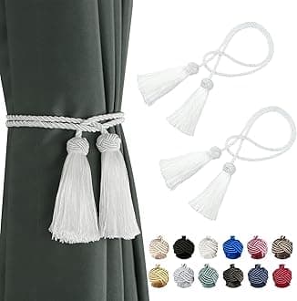 BEL AVENIR 2 Pack Curtain Handmade Tiebacks Decorative Curtain Holdbacks with Tassel (White, 2 Pack)