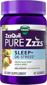 ZzzQuil PURE Zzzs De-Stress Melatonin Sleep Aid Gummies, Helps Calm Your Mind and Body, Ashwagandha for Stress Support, Sleep Aids for Adults, 1 mg per gummy, 42 Count