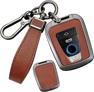 SANRILY Metal Leather 4 Button Smart Key Fob Cover Compatible with BMW i8 2014-2022 i3 Accessories Keyless Anti-Scratch Key Fob Protector with Leather Keychain Black-Brown