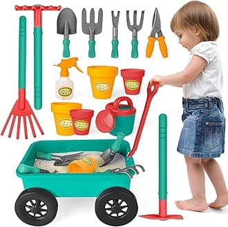 deAO Childrens Gardening Sets, Toddler Gardening Tools 3~12, Kids Wheelbarrow and Gardening Set, Children's Pull Along Wagon Set,Kids Outdoor Toys (GREEN)