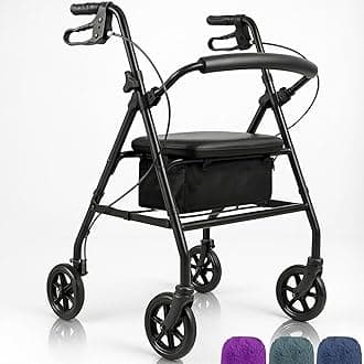 Vive MobilitySteel Rollator Walker with Seat - Foldable, Narrow, Rolling Senior Walker for Small Spaces - 4 Wheel Lightweight Adult Easy Drive with Underseat Storage, Adjustable Height (Black)