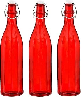 Colhexa Glass Bottles With Cork 1litre, Kitchen Decoration (Red, 3 Pieces)