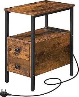 Side Table, Narrow Bedside Table with Charging Station, USB Ports and Power Outlets, Slim Side Table for Small Spaces, 2 Drawers, Industrial Nightstand, Rustic Brown and Black EBF548KBZ01G1