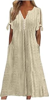 Elegant Summer Dresses for Women 2026 Trendy Tie Short Sleeve Button Down v Neck Eyelet Maxi Long Tshirt Dress