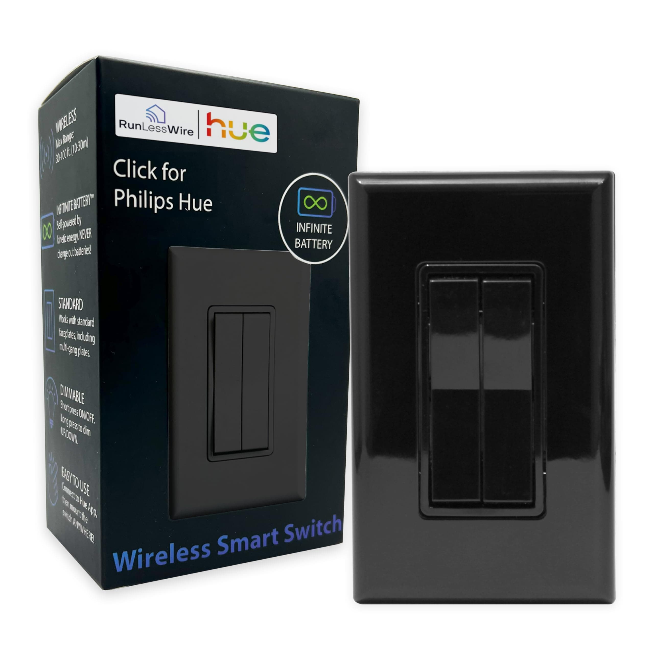 Click for Philips Hue – Battery-Free Wireless Smart Light Switch, 30ft Range – Works Natively with Philips Hue Bridge – Wall Mount Kinetic Switch - Decora Style, Black