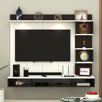 Anikaa Kirina Engineered Wood Wall-Mount TV Unit with PVC Back Panel & LED Lights | TV Cabinet with Storage Box & Decorative Shelves (Wenge/White) ? Ideal for TVs up to 40 Inch | DIY Installation