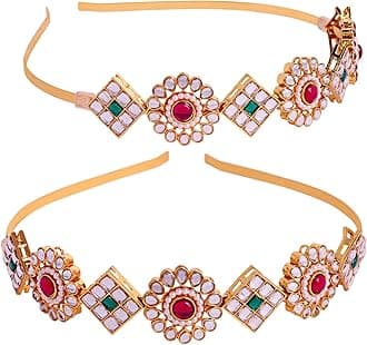Kundan Mathapatti Hairband for Women | Red & Green Stone Hairband for Women | Traditional Headband Without Maang Tikka for Girls | Kundan Hair Band (Pack of 1)