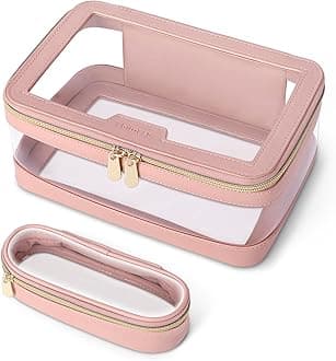 Clear Makeup Bag with Makeup Brush Bag, Leather Makeup Case Toiletry Bag, Portable Cosmetic Bag Case, Transparent Waterproof Cosmetic Organizer Storage Bag, Pink, 1 Bag+brush Bag